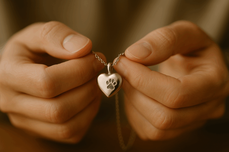 Hands gently holding a heart-shaped pet memorial pendant necklace with paw print design, representing the emotional connection of pet cremation jewelry