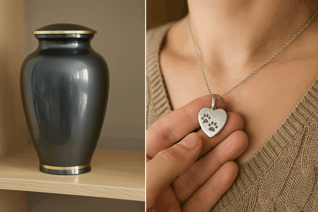 Split image comparing traditional pet cremation urn on shelf versus woman wearing heart-shaped pet memorial necklace with paw prints, illustrating the difference between display and wearable memorials