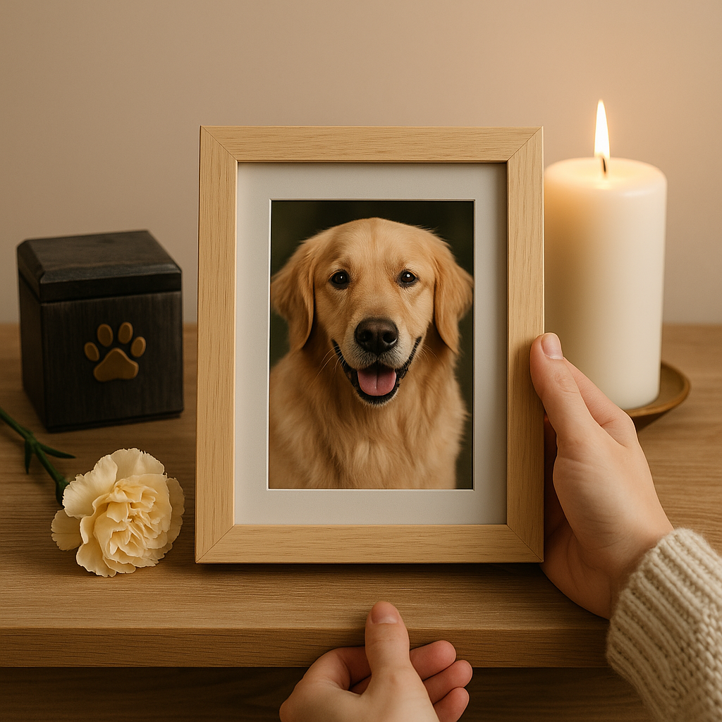 Pet memorial scene with framed dog photo, pet cremation urn with paw print, memorial candle and flower showing pet loss grief support
