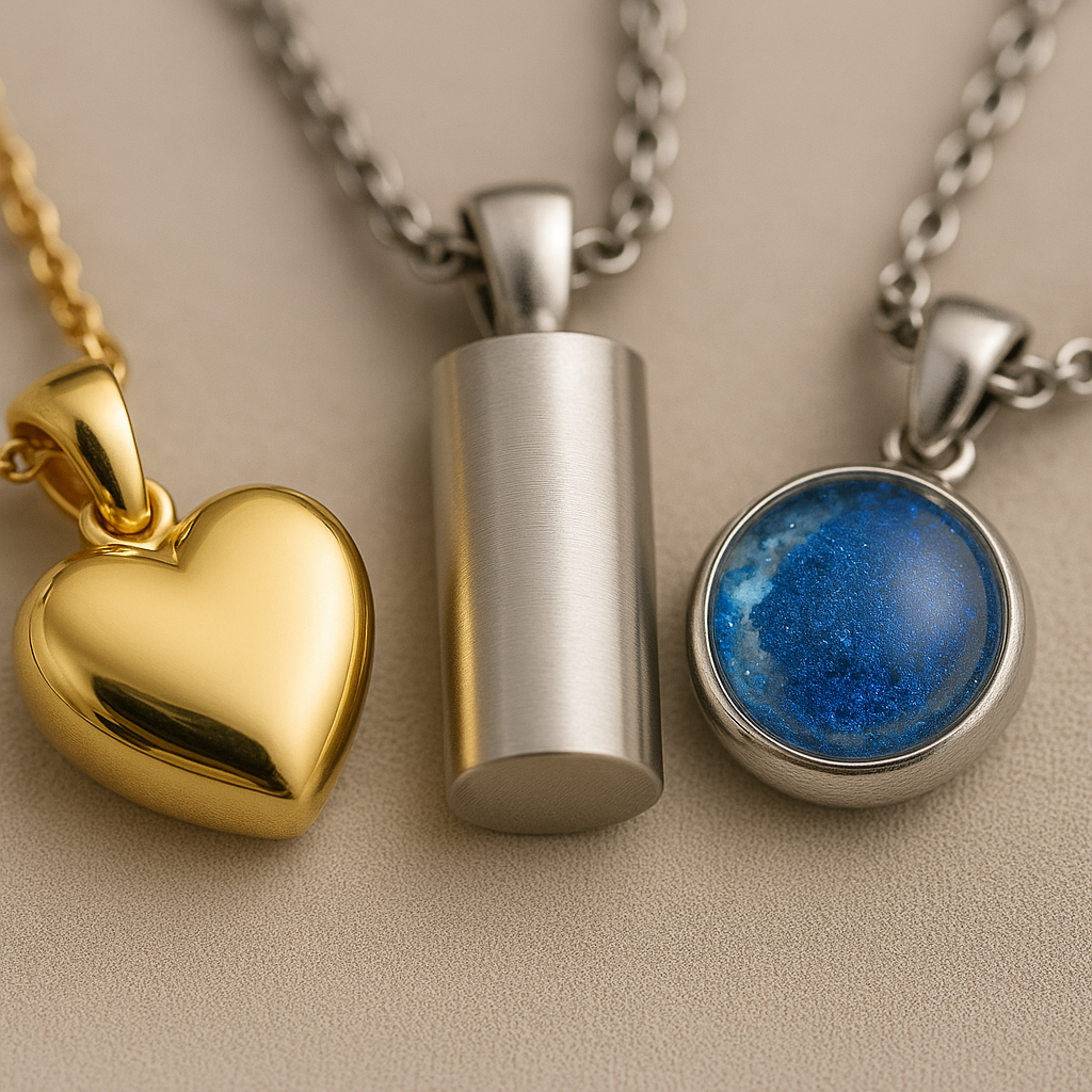 Macro close-up of memorial jewelry crafted from premium materials, including gold, sterling silver, and glass.