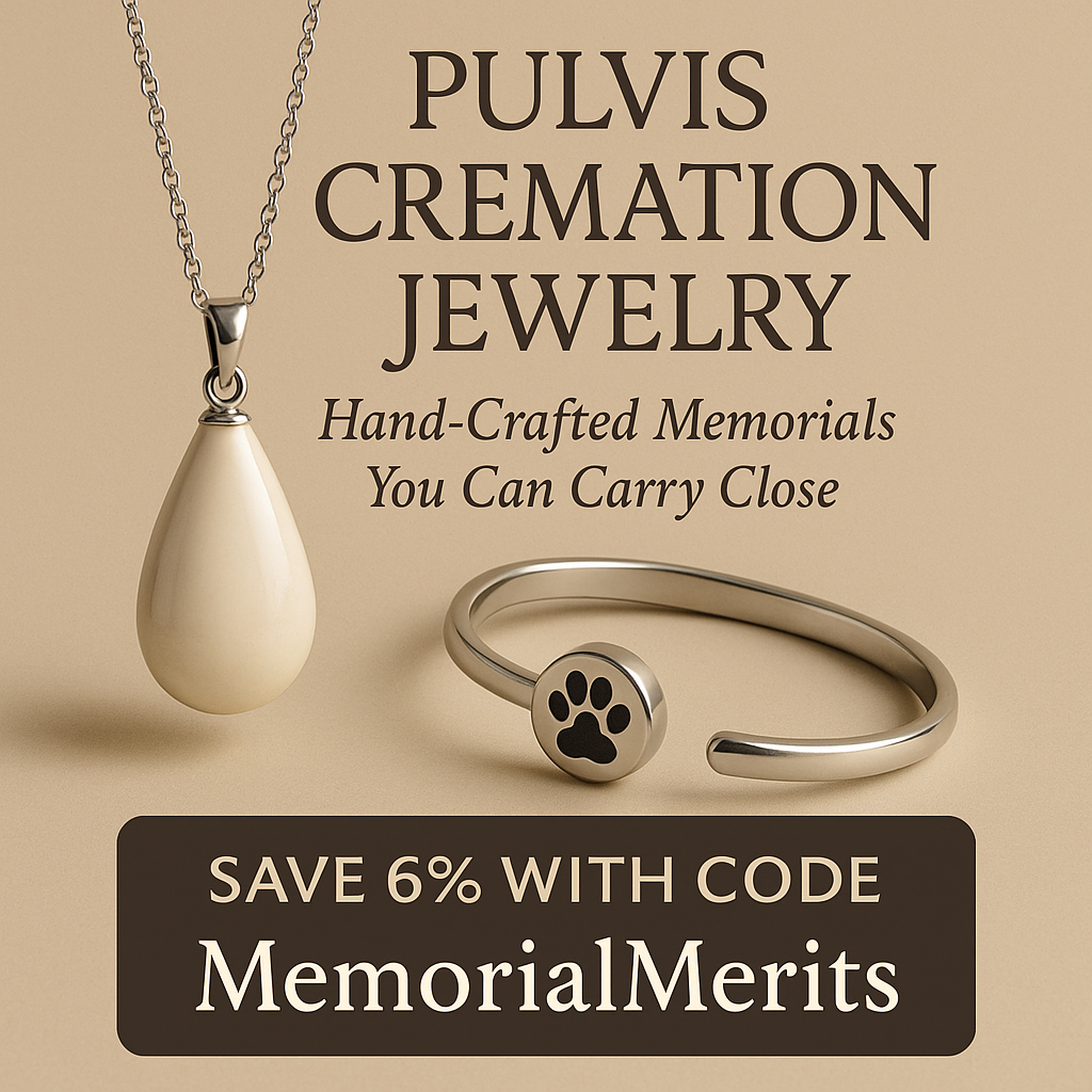 Pulvis cremation jewelry pendant and bracelet with paw design, MemorialMerits coupon overlay