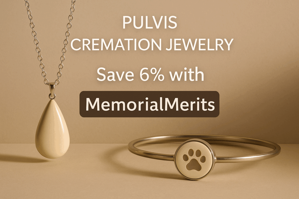 Pulvis cremation jewelry teardrop pendant and paw-print bracelet with MemorialMerits coupon overlay