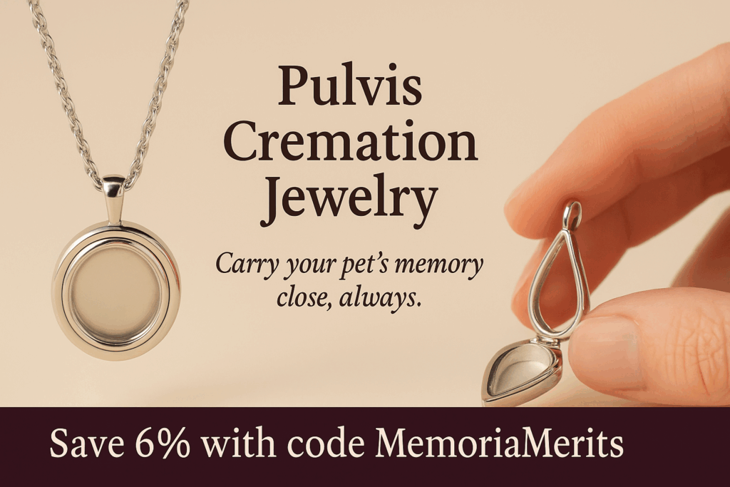 Pulvis cremation jewelry pendants displayed with text overlay promoting 6% off code MemorialMerits