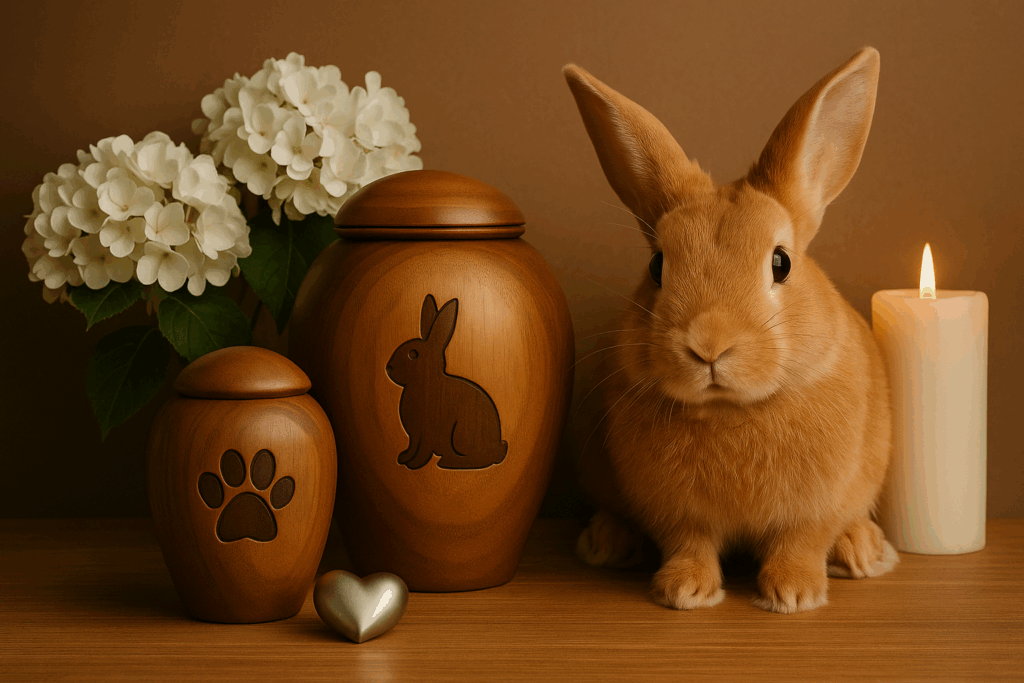 Light brown rabbit sitting beside wooden cremation urns with rabbit and pawprint engravings, a silver heart-shaped keepsake, white hydrangeas, and a lit candle.