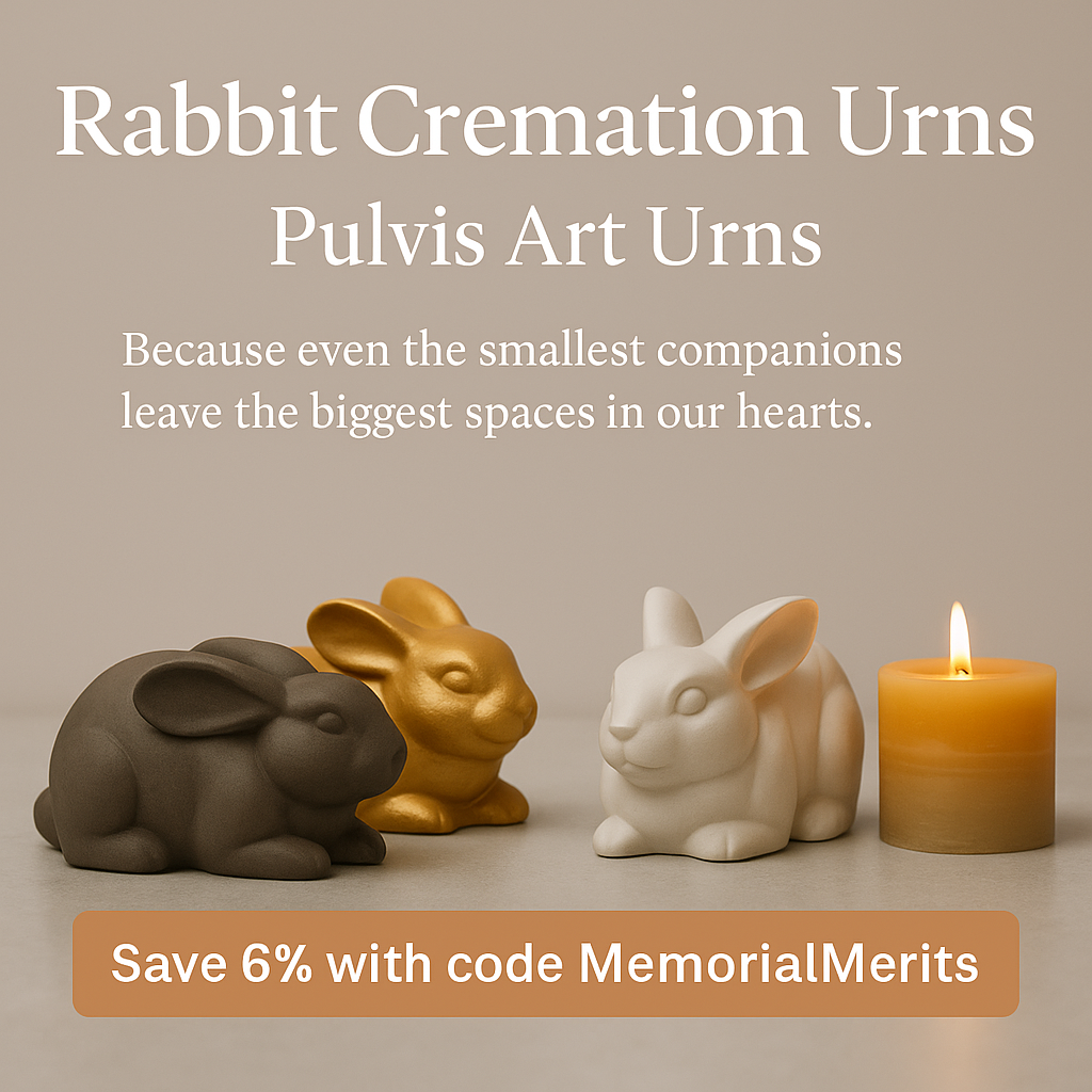Pulvis rabbit cremation urns in gray, gold, and white with candle and MemorialMerits coupon overlay
