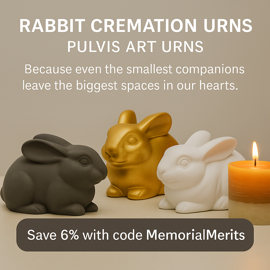 Three Pulvis rabbit cremation urns in gray, gold, and white with candle accent and MemorialMerits coupon overlay