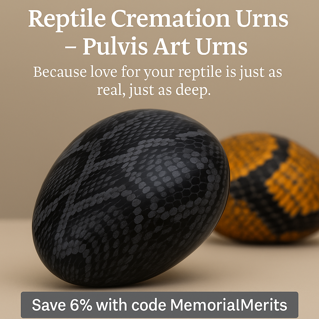 Pulvis reptile cremation urn with black snake-scale pattern, MemorialMerits coupon overlay