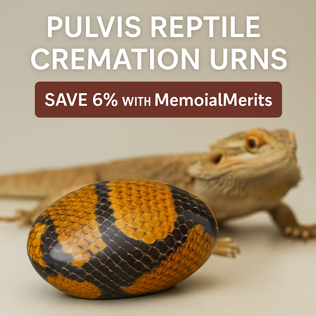 Pulvis reptile cremation urn with gold and black snake-scale design, MemorialMerits coupon overlay