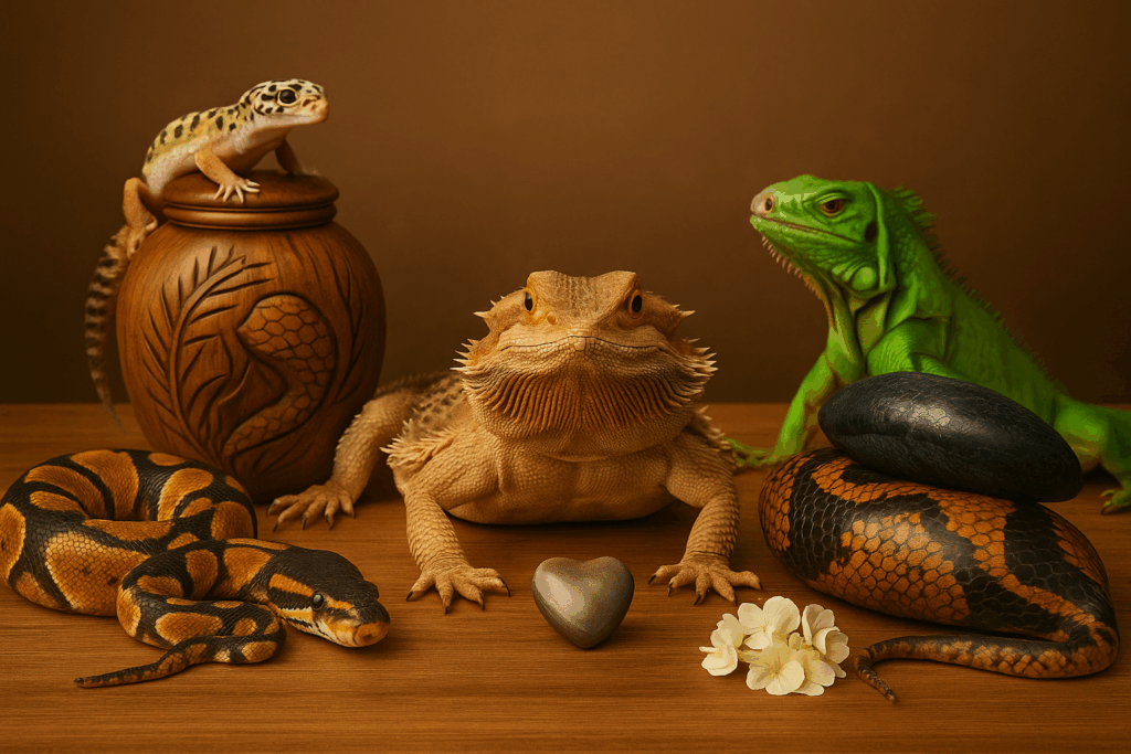 Reptile cremation urns displayed with a ball python, bearded dragon, iguana, and leopard gecko. Includes snake-pattern urns, wooden urns with reptile engravings, a heart-shaped keepsake, and flowers on a wooden table.