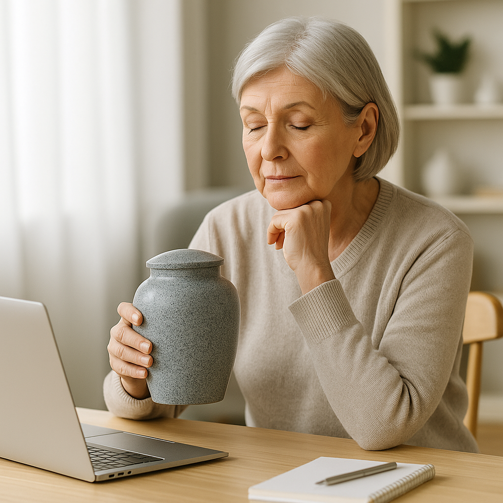 Thoughtful senior woman with gray hair holding cremation urn while sitting at laptop, representing online pre-need funeral planning and end-of-life preparation