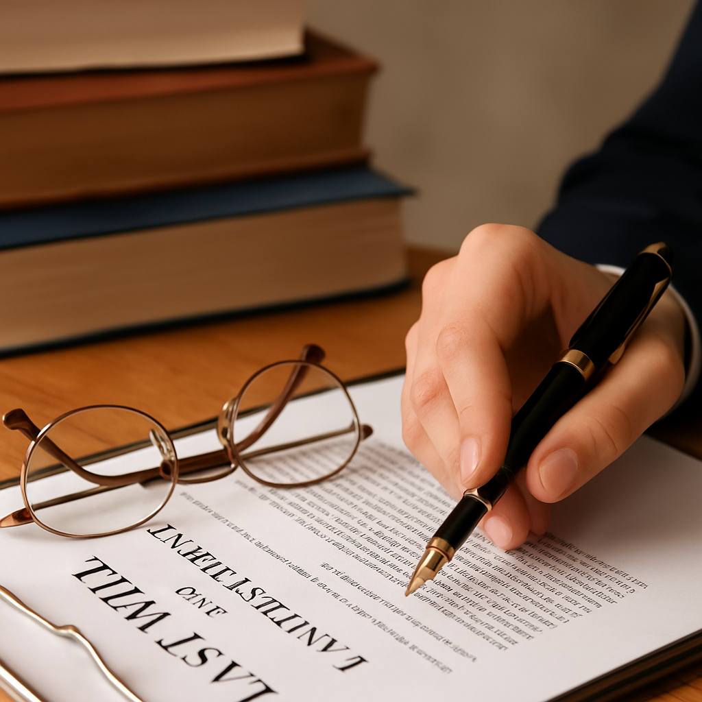 Hand holding a fountain pen over a Last Will and Testament document, with eyeglasses and law books nearby, symbolizing estate planning and legal guidance.