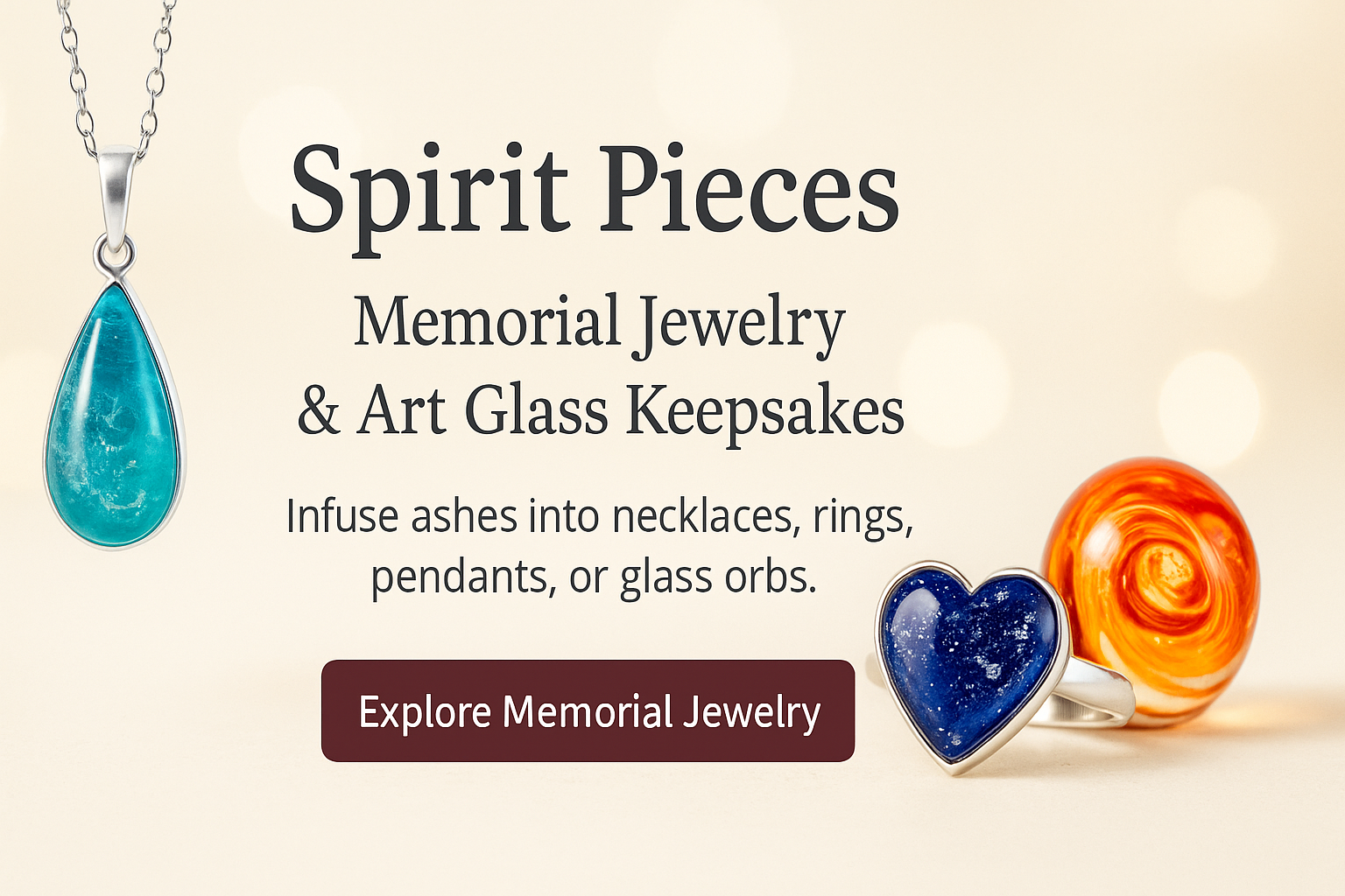 Spirit Pieces memorial jewelry — handmade ash necklaces, rings, pendants, and art glass keepsakes.