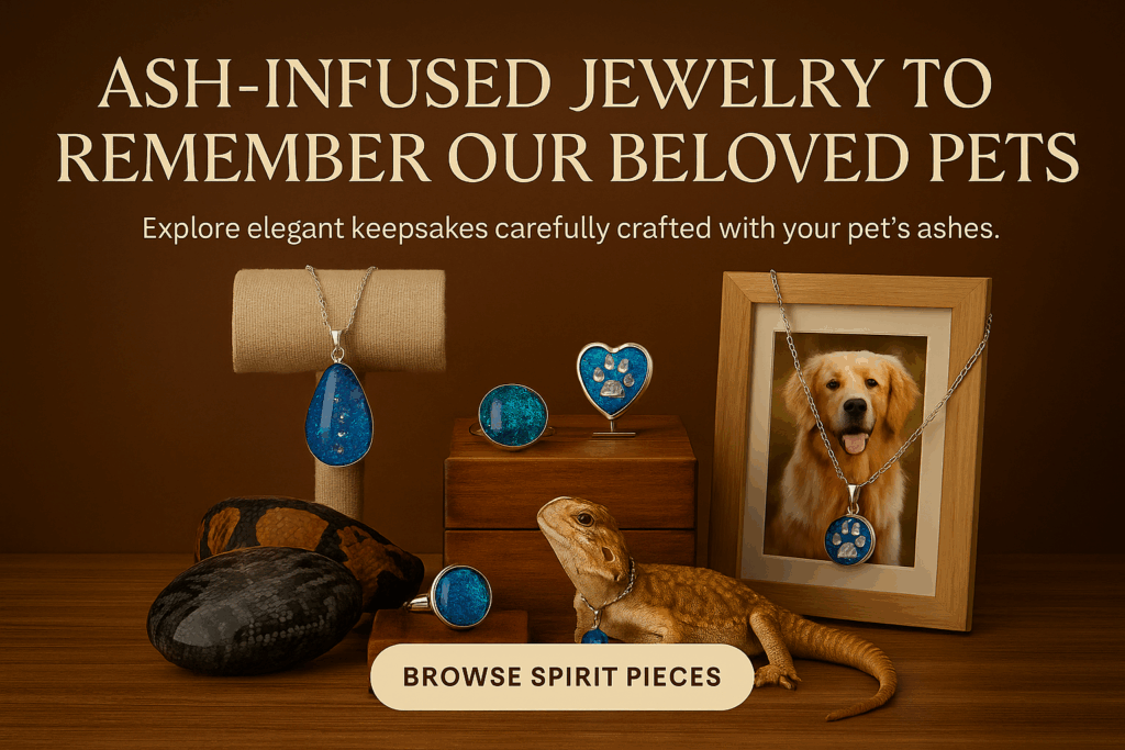 Spirit Pieces ash-infused jewelry for pets displayed on a wooden table with necklaces, rings, and pendants, alongside a framed dog photo, urns, and a lit candle.