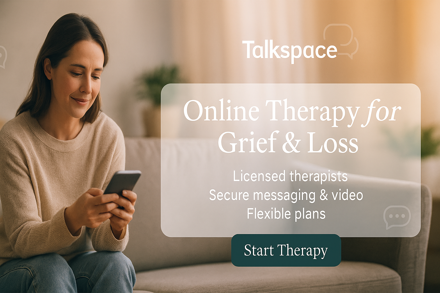 Talkspace online therapy for grief & loss — licensed therapists with secure messaging and video.