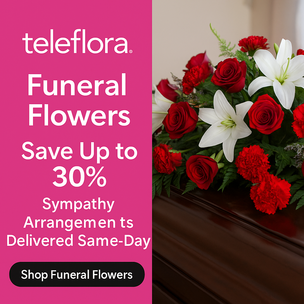 Teleflora logo representing funeral flowers and sympathy arrangements available with up to 30% off through Memorial Merits.