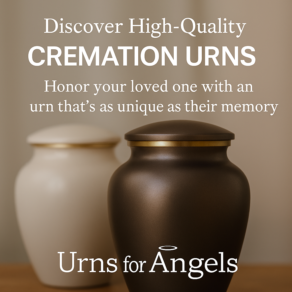 A promotional digital image featuring the Urns for Angels logo and tagline, representing unique and artistic urns for honoring loved ones.