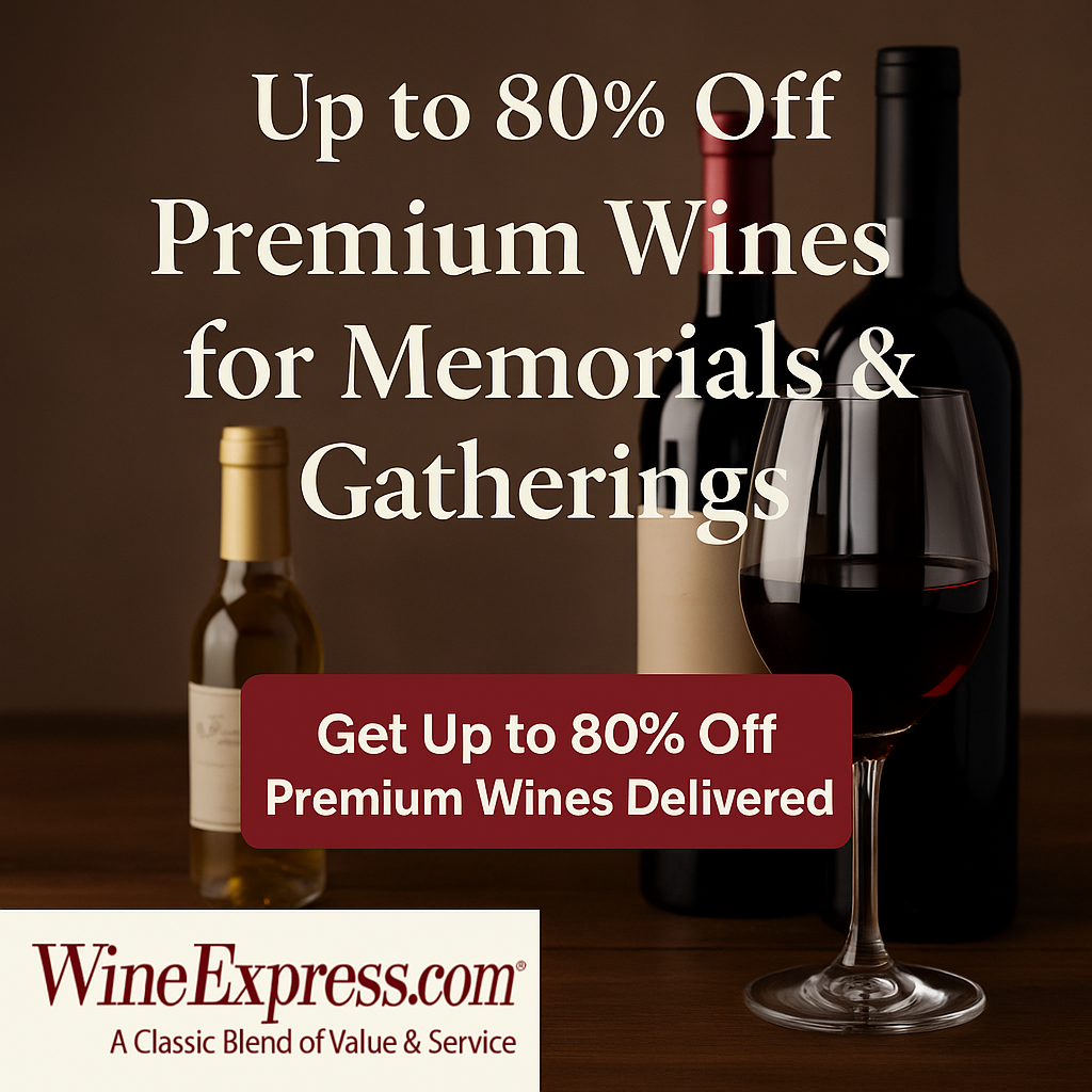 WineExpress promotion featuring premium wines with up to 80% off for memorials and gatherings.