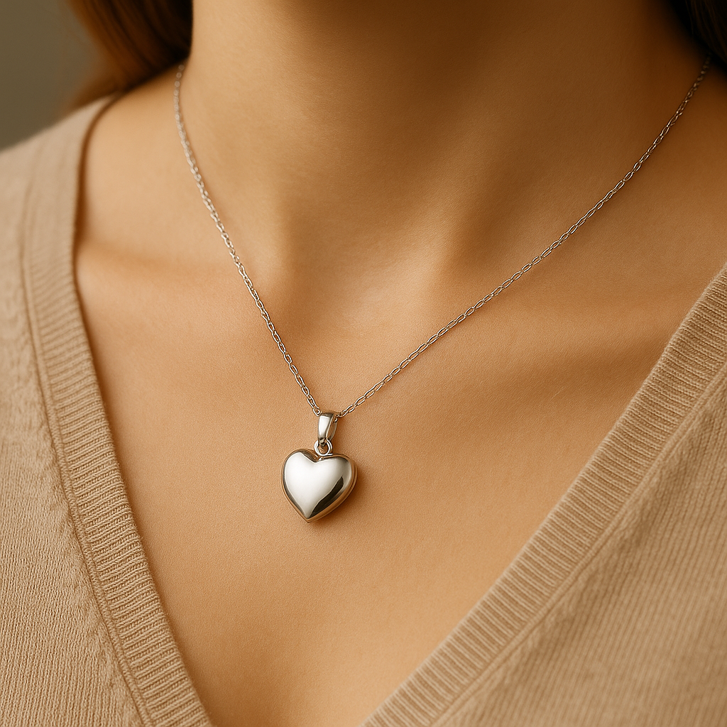 Elegant women’s memorial pendant necklace displayed on a model’s neck, highlighting craftsmanship and design details.