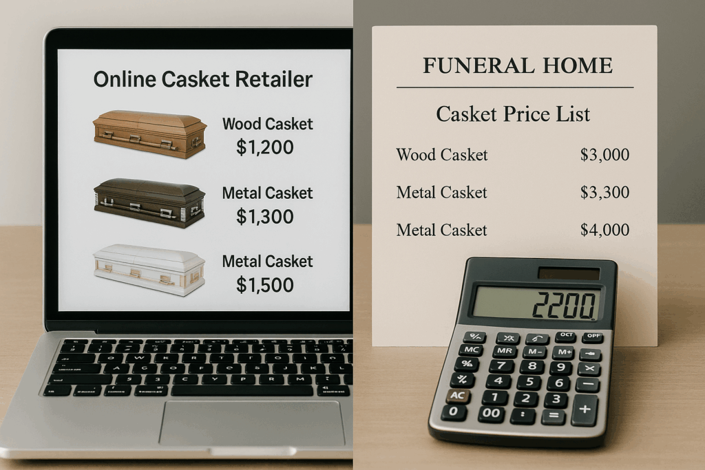 Split screen showing laptop with online casket retailer pricing $1,200-$1,500 next to funeral home price list showing $3,000-$4,000 with calculator displaying savings amount
