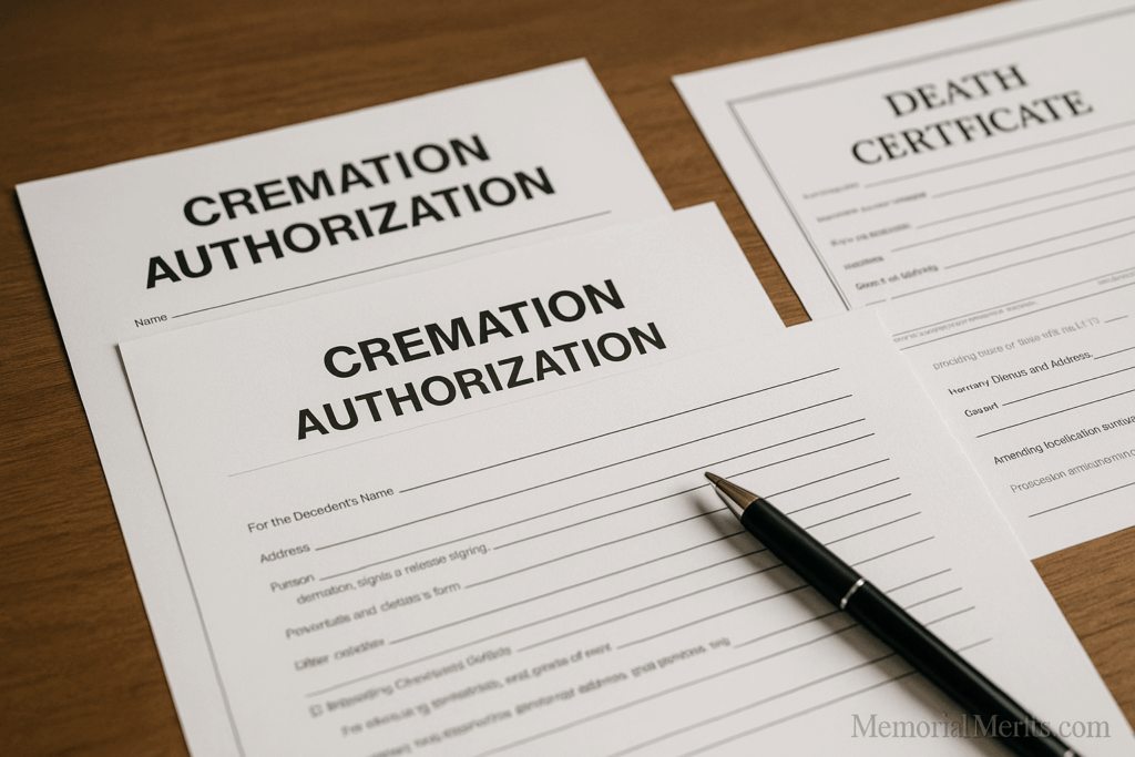 Cremation authorization forms and death certificate paperwork on wooden desk with pen ready to sign, showing legal documentation required before cremation