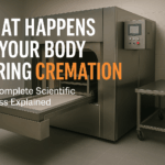 Modern cremation chamber retort with stainless steel finish, control panel, and sliding tray in clean funeral facility setting