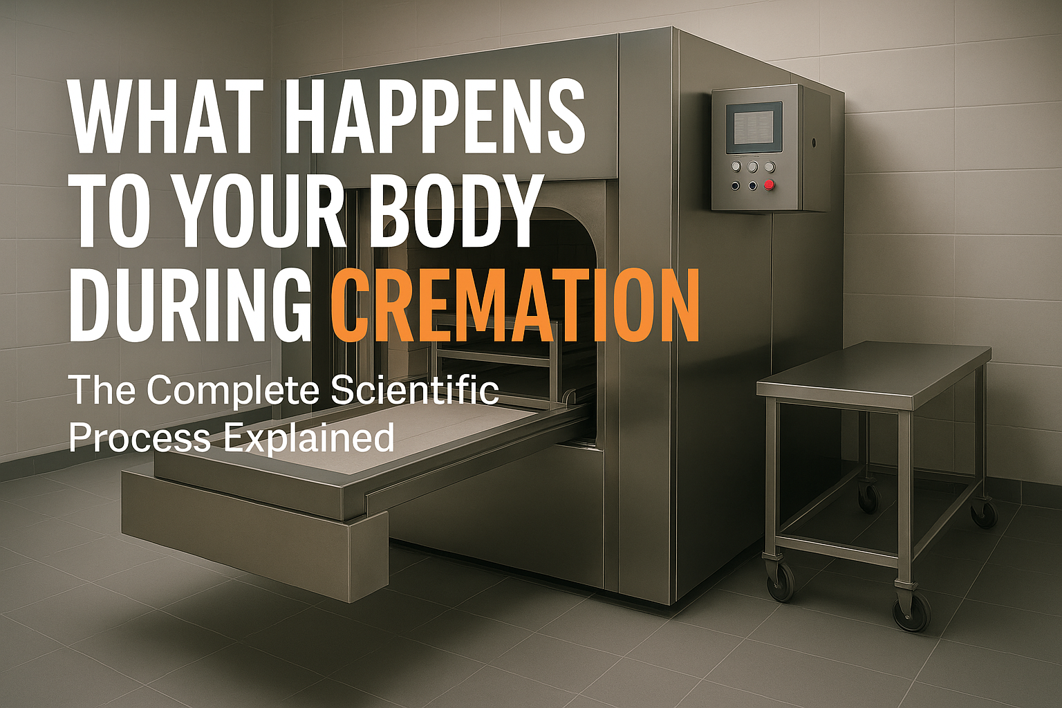 Modern cremation chamber retort with stainless steel finish, control panel, and sliding tray in clean funeral facility setting