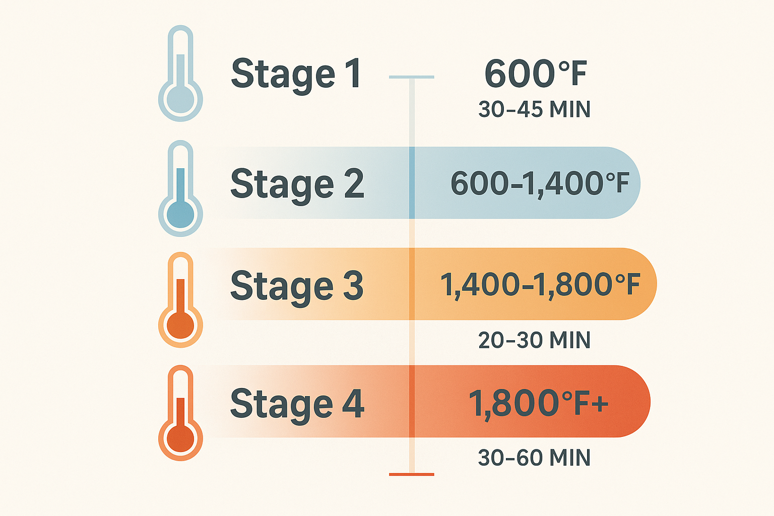Infographic showing four cremation temperature stages with thermometer icons: Stage 1 at 600°F, Stage 2 at 600-1,400°F, Stage 3 at 1,400-1,800°F, and Stage 4 at 1,800°F+ with time durations