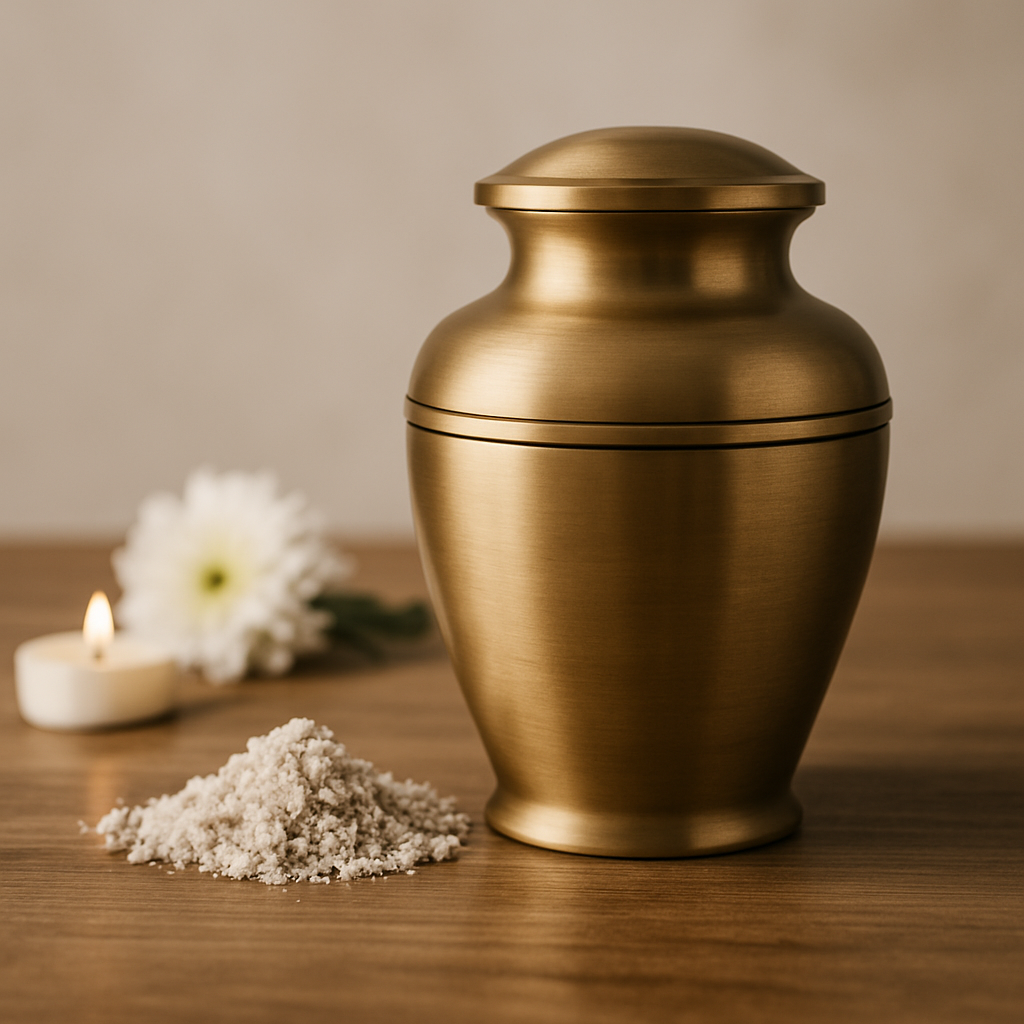 Brass cremation urn on wooden surface with small pile of cremated remains visible in foreground, white flowers and lit candle softly blurred in background