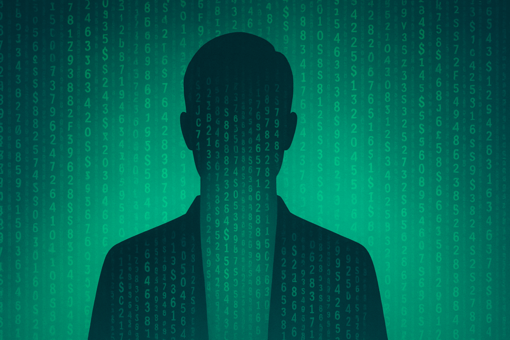 Human silhouette filled with streaming data code and dollar signs representing how deceased persons digital data becomes valuable corporate asset