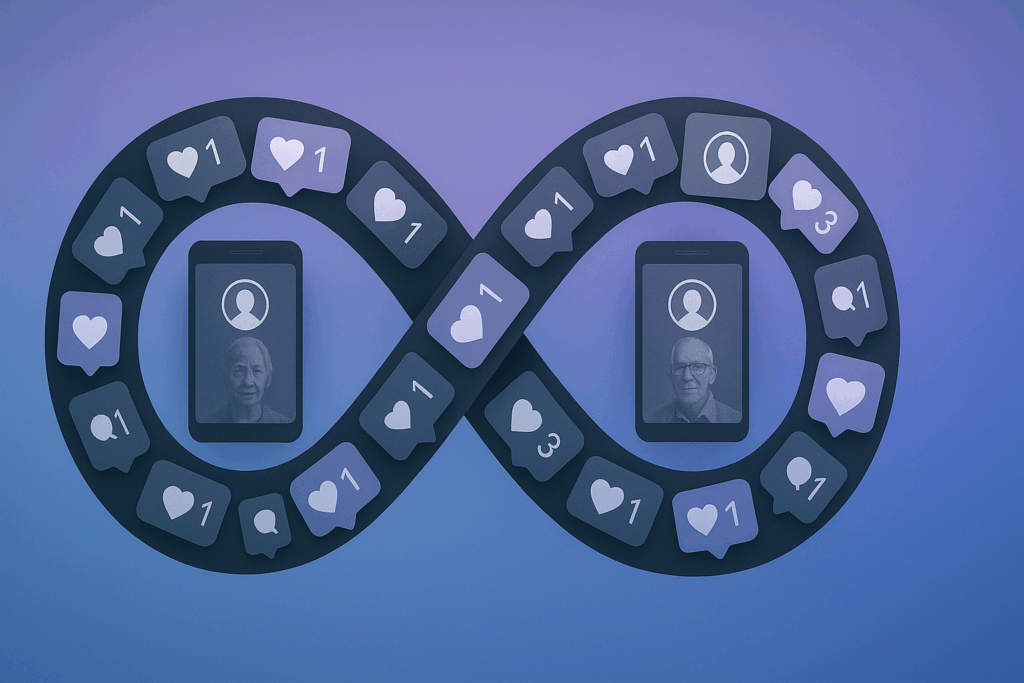 Infinity symbol made of social media notification icons surrounding memorial photos showing endless digital grief loop cycle