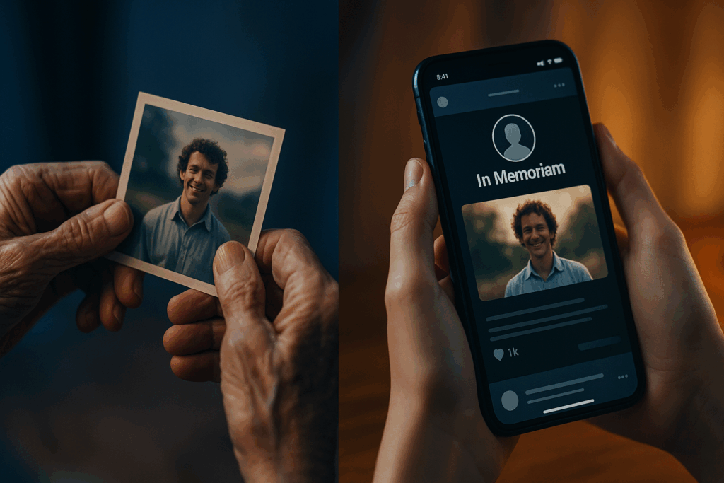 Split comparison of hands holding physical photo versus smartphone displaying digital memorial with "In Memoriam" interface showing same person