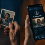 Split comparison of hands holding physical photo versus smartphone displaying digital memorial with "In Memoriam" interface showing same person