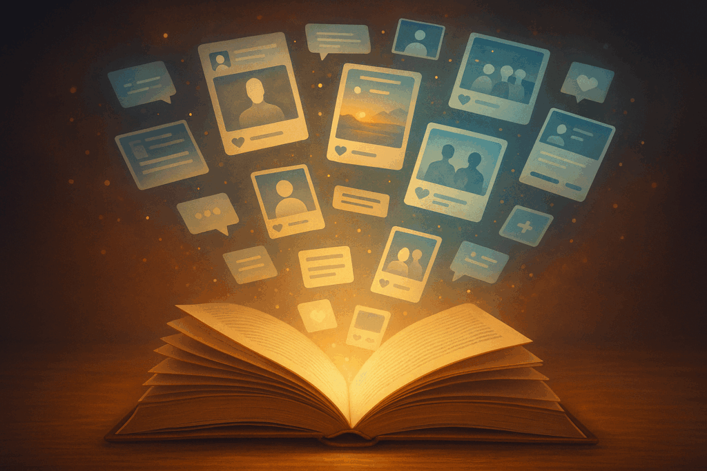 Open book with glowing pages transforming into floating social media posts and digital memorial content representing how grief stories are created online