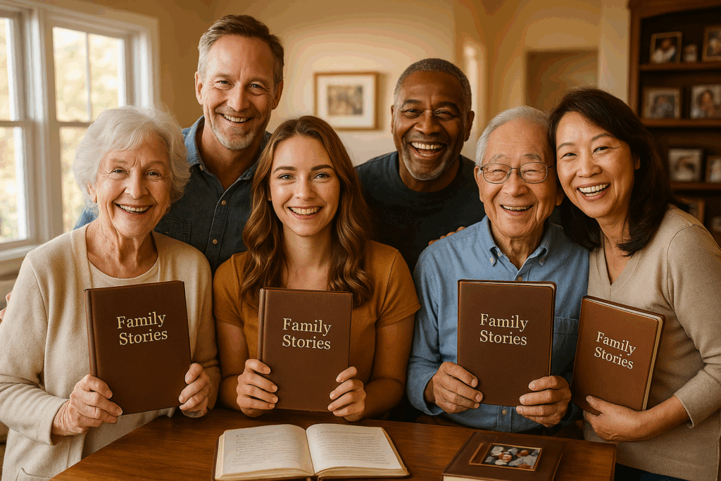 Six diverse happy family members of different generations smiling and holding their completed Family Stories books, showing successful legacy preservation