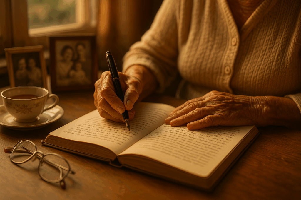 Elderly hands writing in legacy journal with fountain pen, surrounded by family photos and reading glasses in warm golden light