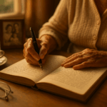 Elderly hands writing in legacy journal with fountain pen, surrounded by family photos and reading glasses in warm golden light