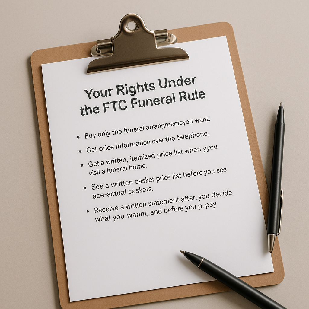 Clipboard with document titled "Your Rights Under the FTC Funeral Rule" showing bullet points of consumer protections with two pens on neutral background