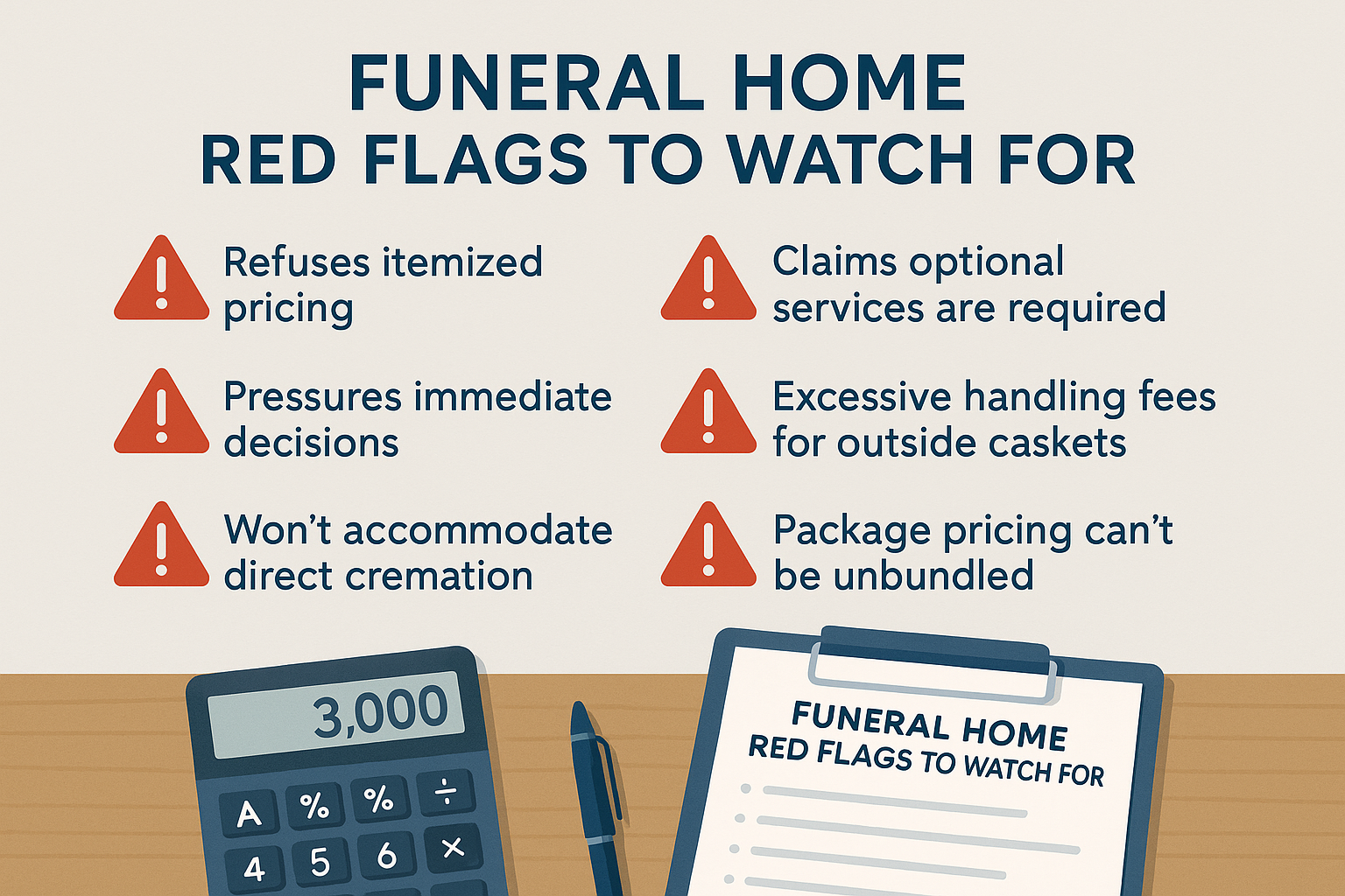 Infographic titled "Funeral Home Red Flags to Watch For" with six warning signs including refuses itemized pricing, pressures immediate decisions, and won't accommodate direct cremation, with calculator and clipboard at bottom