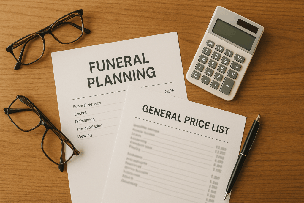 Overhead view of funeral planning documents including General Price List and itemized costs with calculator, reading glasses, and pen on wooden desk