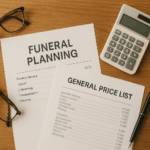 Overhead view of funeral planning documents including General Price List and itemized costs with calculator, reading glasses, and pen on wooden desk