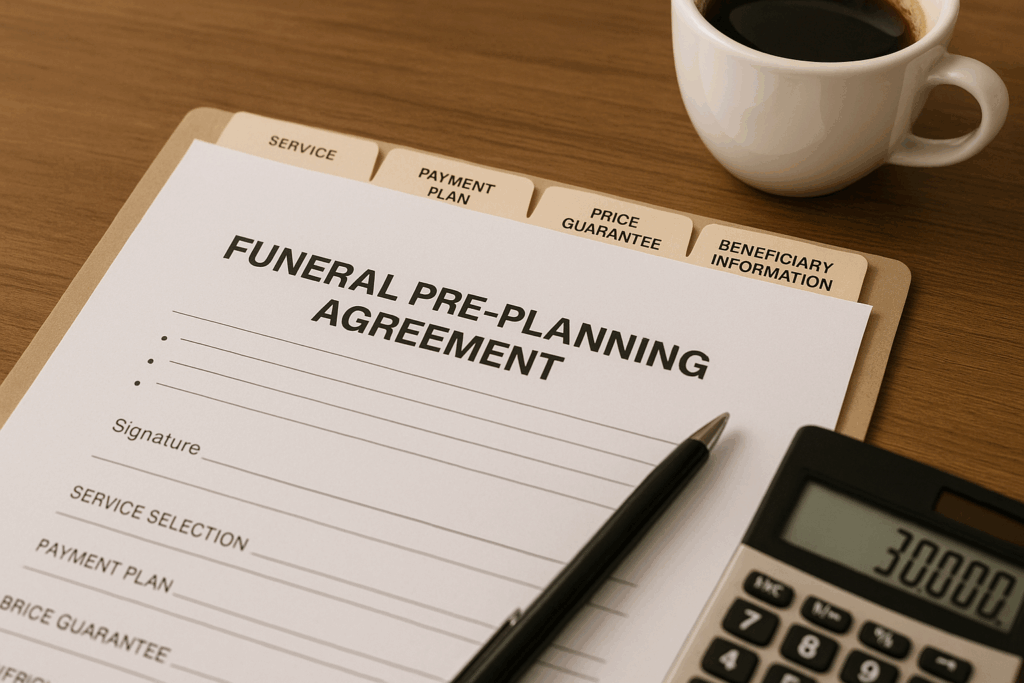 Funeral pre-planning agreement document with tabbed sections for Service, Payment Plan, Price Guarantee, and Beneficiary Information with pen, calculator showing $7,000, and coffee cup on desk