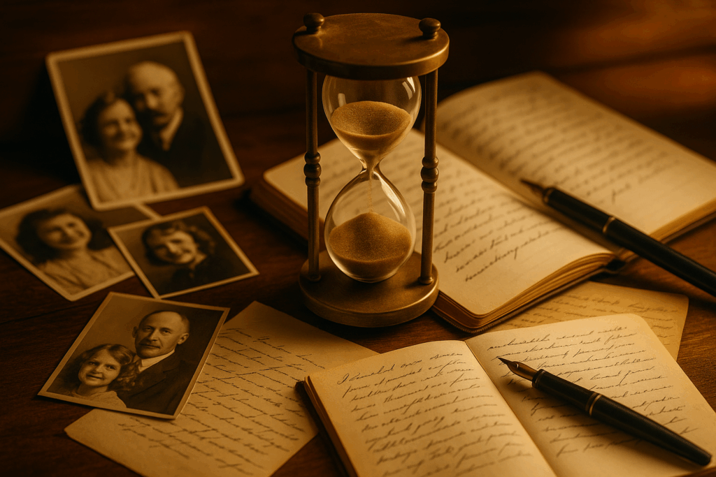 Hourglass with sand running out surrounded by vintage family photographs, handwritten letters, and fountain pen representing precious time to preserve family stories