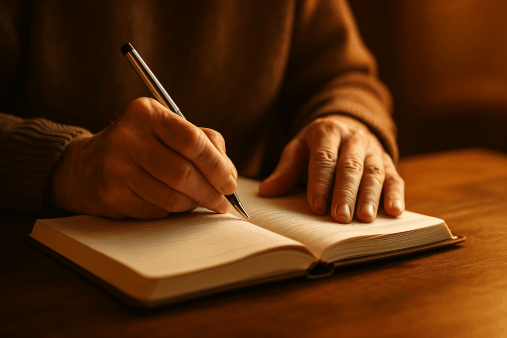 Elderly hands writing in a journal with warm golden light, symbolizing memory keeping and legacy journal prompts for seniors