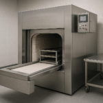 Modern cremation chamber retort with stainless steel finish, control panel, and sliding tray in clean funeral facility setting