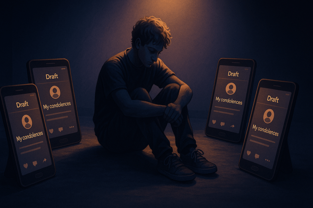 Person sitting alone surrounded by multiple phone screens showing draft grief posts and condolence messages illustrating social media mourning pressure