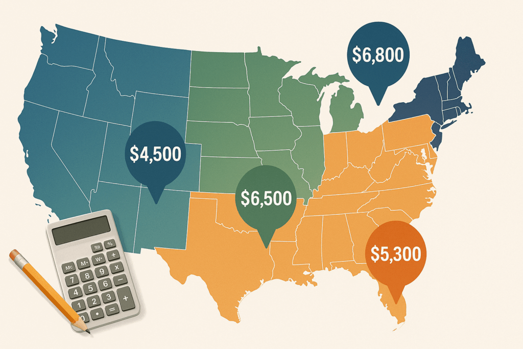 Color-coded US map showing regional funeral cost variations with price markers indicating $4,500 Mountain states, $5,300 Southeast, $6,500 Midwest, and $6,800 Northeast with calculator and pencil