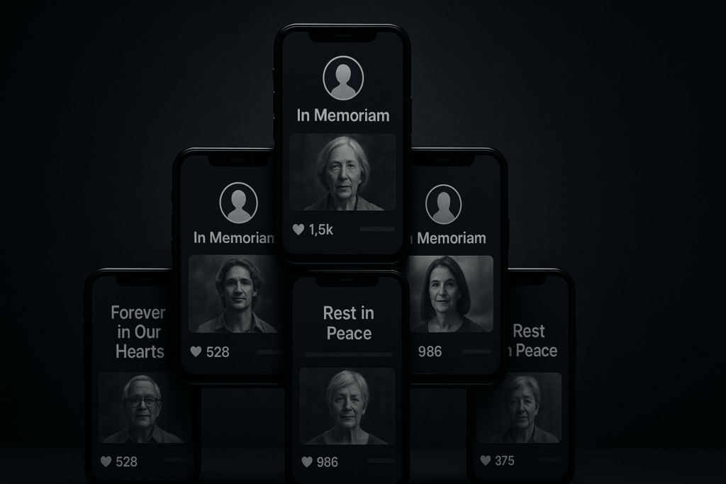 Multiple smartphones displaying digital memorial posts with varying engagement numbers showing social media grief hierarchy and competition