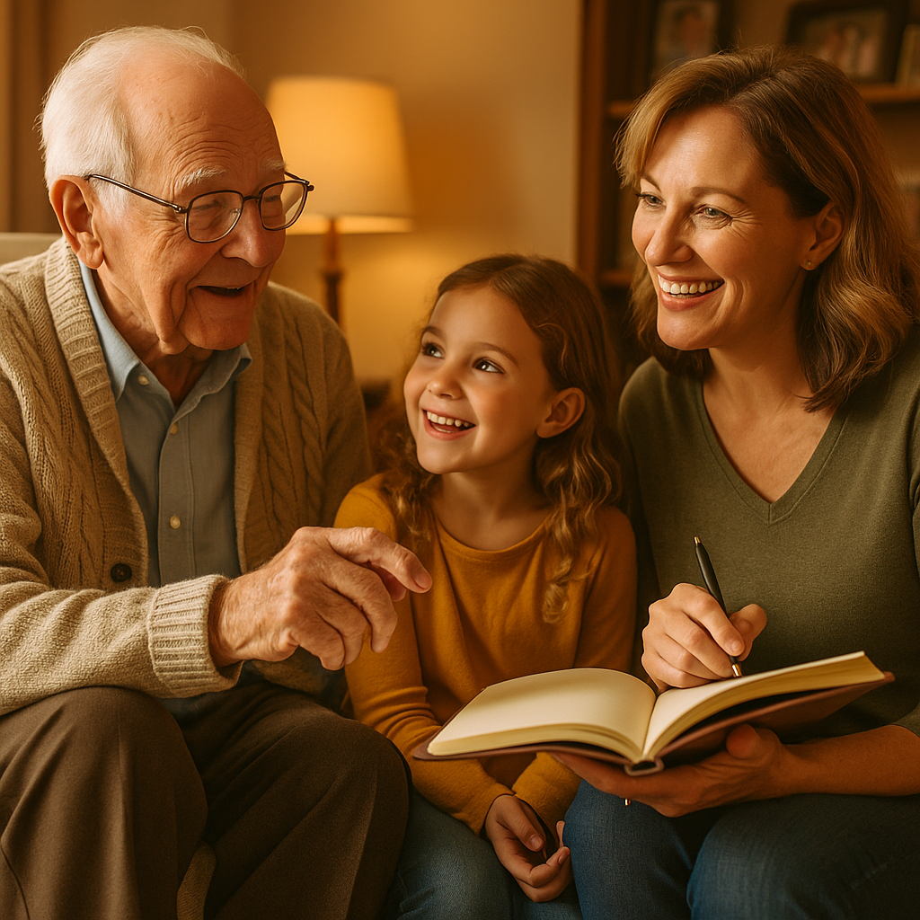 Happy three-generation family sharing stories as grandmother writes in journal while grandfather tells stories to granddaughter in warm living room