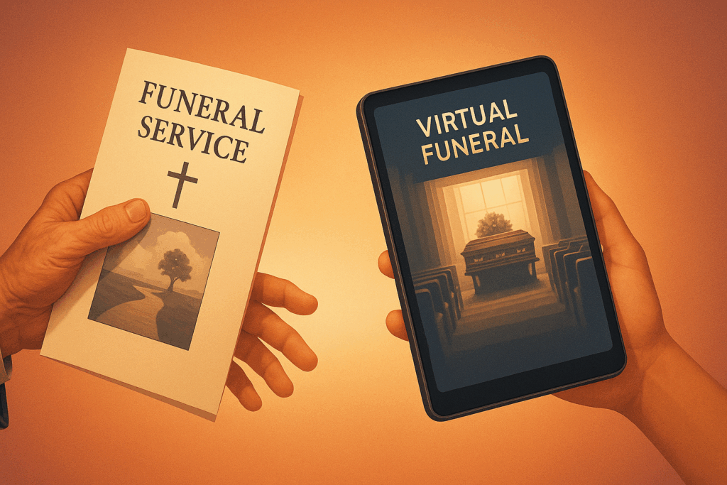Two hands reaching toward each other holding traditional funeral program and tablet showing virtual funeral service representing generational divide in mourning
