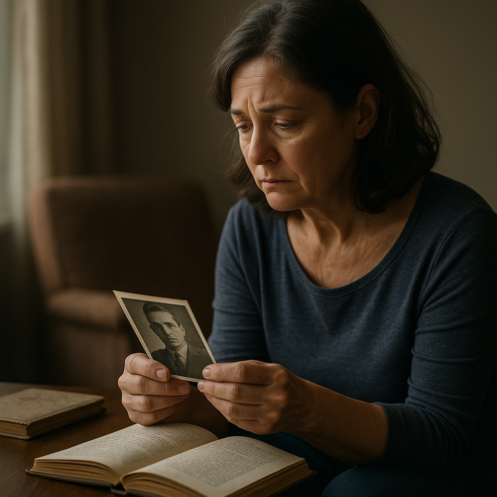 Middle-aged woman holding vintage photograph of her father with sadness and regret, representing lost family stories and missed conversations